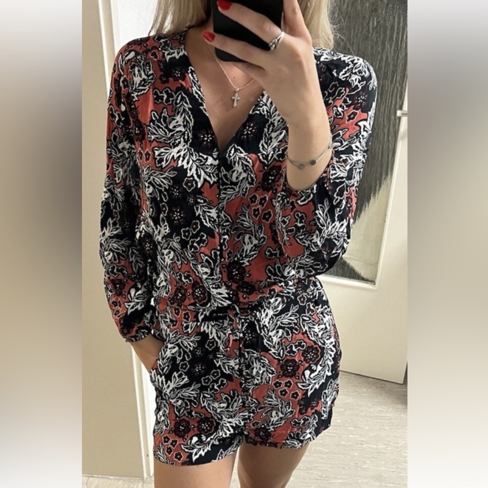 H&M dark floral pink & black long sleeve romper playsuit SZ 12 cinch bow waist